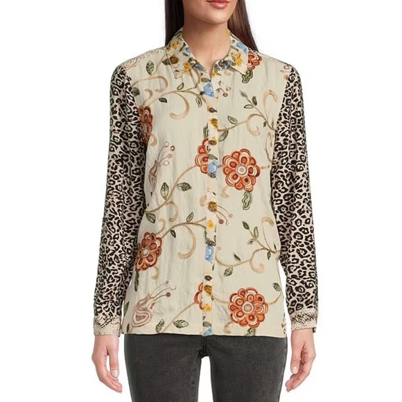 JOHN MARK Point Collar Long Sleeve EMBROIDERED LEOPARD BLOUSE Cheetah Tunic M - Picture 4 of 8
